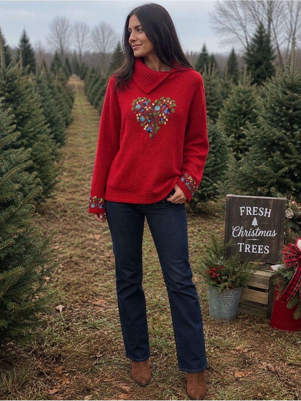 Vintage Coldwater Creek Red Embroidered Heart Pullover Cottagecore Large Sweater